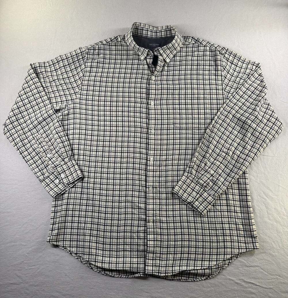 Van Heusen Flex Plaid Button Down Shirt Large Gray Black Long Sleeve
